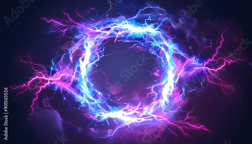 Powerful electrical round discharge hitting from side to side realistic vector illustration isolated on black background. Blazing lightning circle strike in darkness Electric energy flash light effect