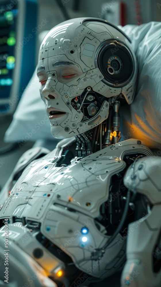 A robot patient undergoing treatment in a high-tech hospital room, surrounded by medical equipment.