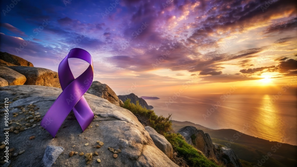 Windswept purple ribbon Alzheimer's awareness symbol lies on a rugged rocky cliff overlooking a vast serene purple twilight landscape. Windswept purple ribbon Alzheimer's awareness symbol lies on a rugged rocky cliff overlooking a vast serene purple twilight landscape.
