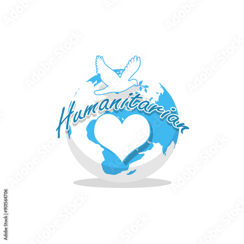 World Humanitarian Day event banner.  A white heart, white dove of peace, text and earth on white background to celebrate on August 19th