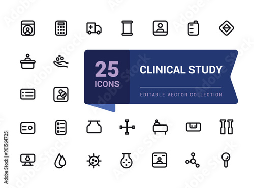Clinical study and research line icon set. Collection and pack of linear web and ui icons. Editable stroke. Vector illustration.