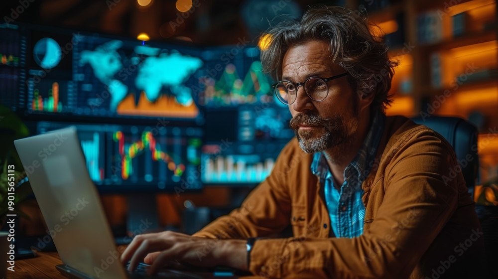 Focused Professional Analyzing Data Trends on Multiple Monitors in Modern Office Environment During Evening Hours. Generative AI Focused Professional Analyzing Data Trends on Multiple Monitors in Modern Office Environment During Evening Hours. Generative AI