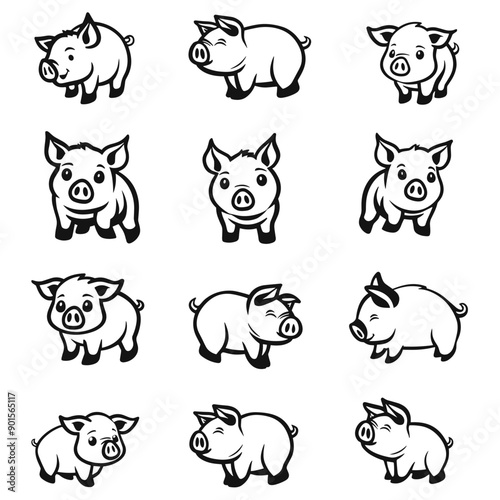Pig doodle collection, Vector line art.