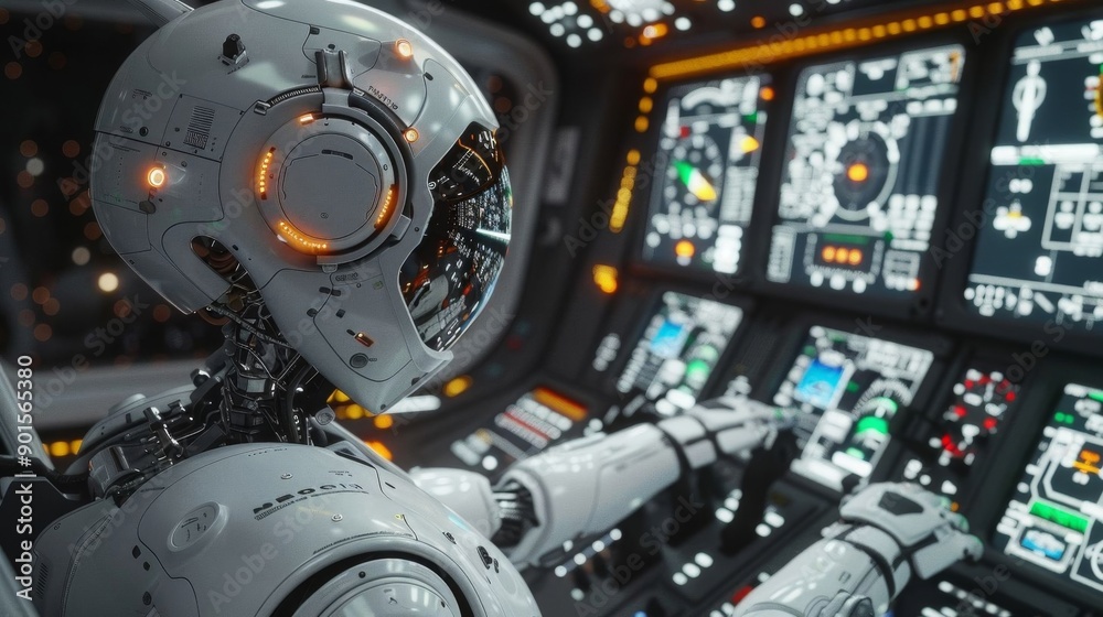 Fototapeta premium Robot pilot navigating complex control panel in aircraft cockpit filled with advanced electronic displays and controls.