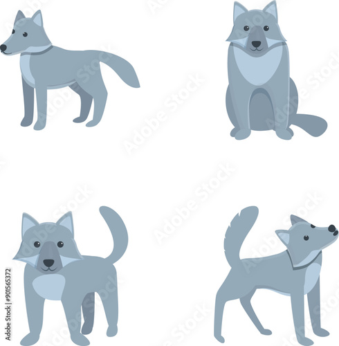 Wild wolf icons set cartoon vector. Funny gray wolf. Cartoon character