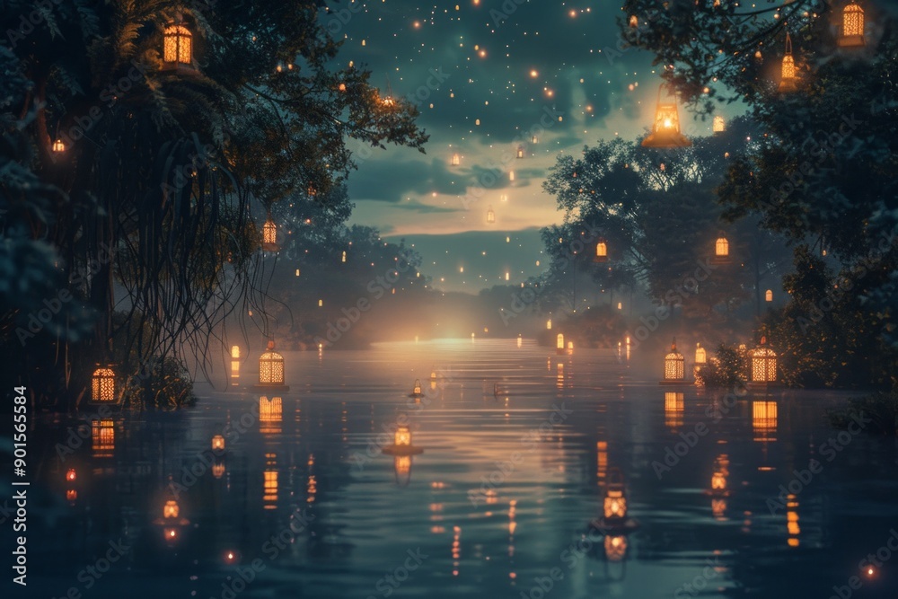 Fototapeta premium Mystical floating lanterns with dark waters, and a starlit sky. The serene river, perfect for a tranquil and enchanting scene
