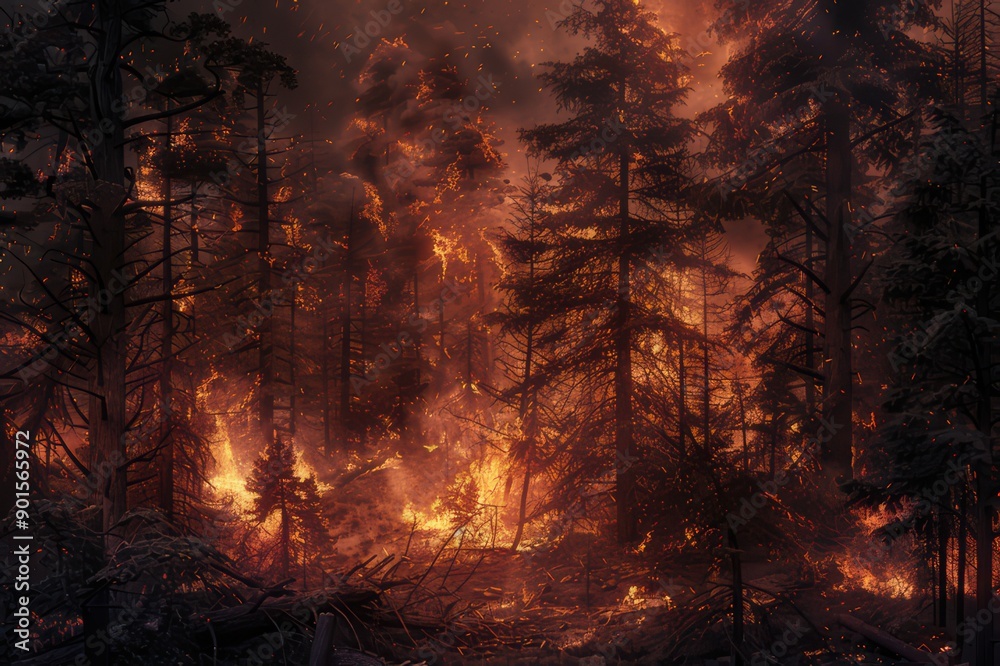 Obraz premium A forest fire burning through a woodland area