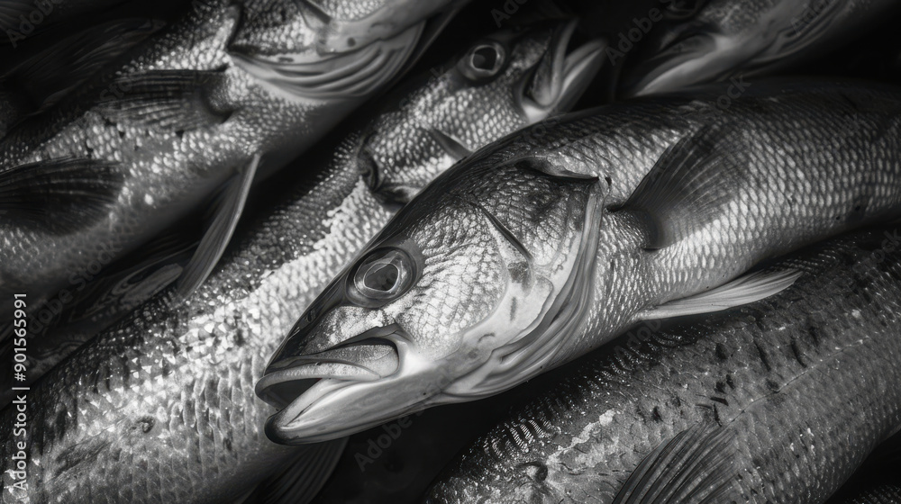 Obraz premium A black and white photograph of assorted fish, each with different patterns and scales, laying together in an artistic arrangement, symbolizing diversity and togetherness