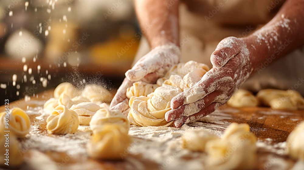 A person's hands, covered in flour, as they shape dough on a wooden surface. There are multiple pieces of dough, some shaped into balls and others into swirls, scattered around A person's hands, covered in flour, as they shape dough on a wooden surface. There are multiple pieces of dough, some shaped into balls and others into swirls, scattered around