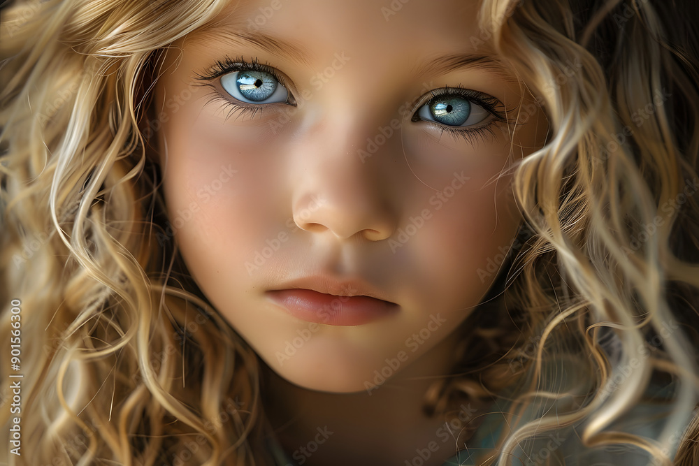 Naklejka premium Face of young girl child with long blond hair and blue eyes