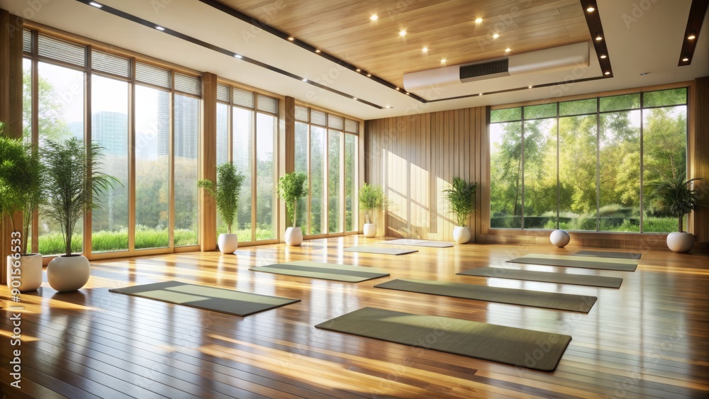 Serene modern yoga studio interior with polished wood floors, minimalist decor, and large windows flooding the space with warm natural light and calm atmosphere. Serene modern yoga studio interior with polished wood floors, minimalist decor, and large windows flooding the space with warm natural light and calm atmosphere.