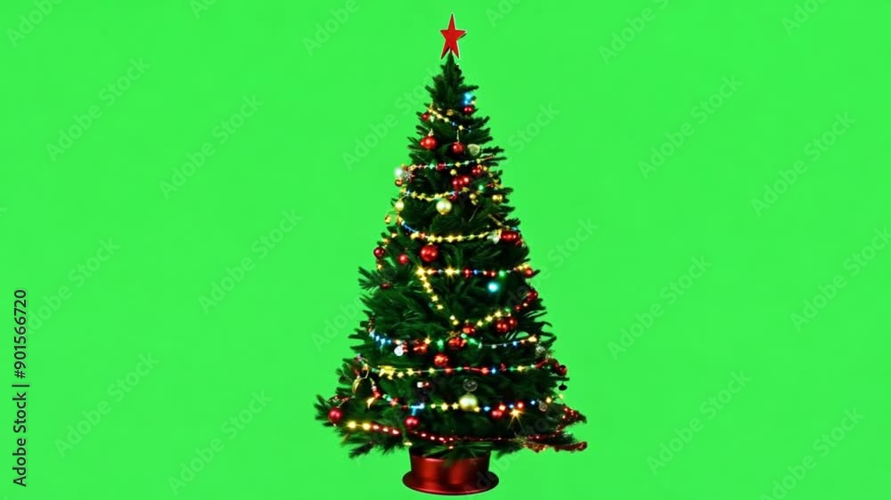 Christmas tree with decoration rotates on a green screen. Merry Christmas and a Happy New Year background animation. Festive and celebration