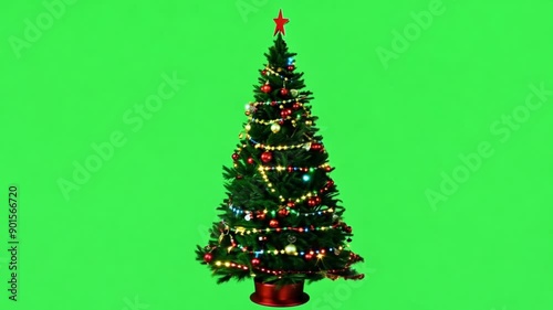 Christmas tree with decoration rotates on a green screen. Merry Christmas and a Happy New Year background animation. Festive and celebration