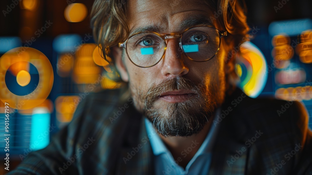 Focused Professional Analyzing Data on Computer Screen in Modern Office at Night. Generative AI