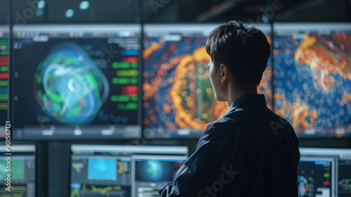 Modern studio with a meteorologist in professional clothing presenting a clear digital weather map with bright, high-quality graphics.
 photo