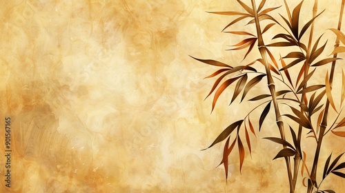 Featuring a bamboo texture with a weathered look and leaf accents, silhouette, bamboo, accents, texture, and Zen-inspired design