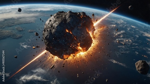 Meteor or space debris blows up the planet , safe nature earth day concept.