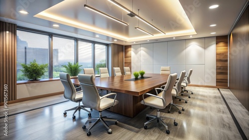 Modern furnished conference room with sleek design, white empty wall, and bright stylish lighting, providing ample copy space for business interior concept and meeting room settings.