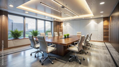 Modern furnished conference room with sleek design, white empty wall, and bright stylish lighting, providing ample copy space for business interior concept and meeting room settings. photo