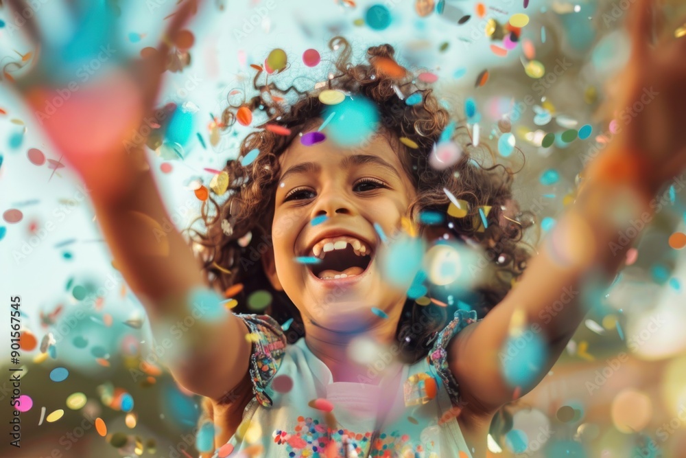 kid playfully throwing an array of bright confetti into the air, her laughter captured mid-moment, summer vibe