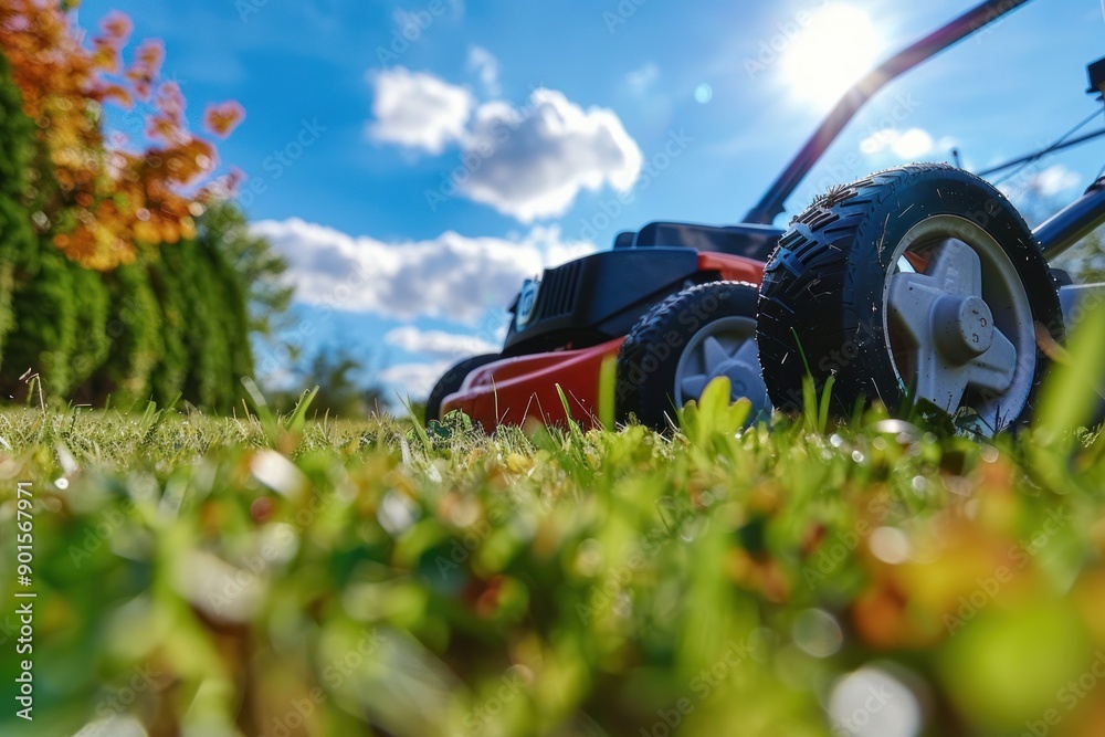 lawnmower on grass on sunny day. Unusual perspective