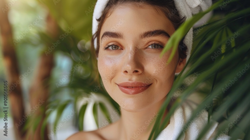 A woman with a towel wrapped around her head is smiling A woman with a towel wrapped around her head is smiling