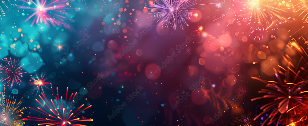 Fototapeta premium A background of colorful fireworks, sparkling lights and bokeh effects. The dark background features vibrant colors and sparkles, New Year's celebration template with copy space.