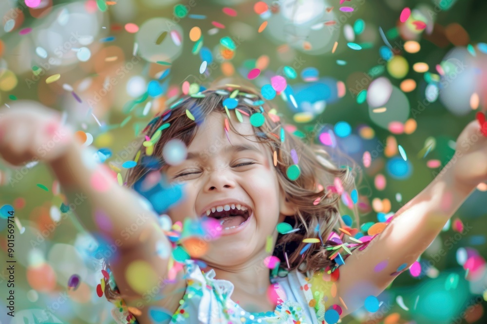 kid playfully throwing an array of bright confetti into the air, her laughter captured mid-moment, summer vibe kid playfully throwing an array of bright confetti into the air, her laughter captured mid-moment, summer vibe