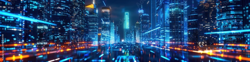 Neon Night. Futuristic Cityscape with Neon Lights and Skyscrapers at Night Neon Night. Futuristic Cityscape with Neon Lights and Skyscrapers at Night