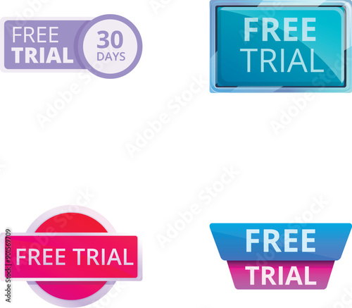 Trial symbol icons set cartoon vector. Free trial badge and sticker. Promotion strategy
