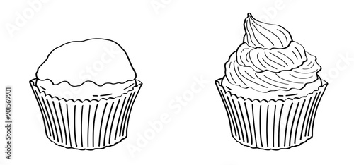 Cartoon muffin and cupcake. Pastry shop logo. Sweet fluffy muffins or cupcakes. tasty cup cake with cream or chocolate. Birthday cake and frosting. Party food. Bakery tools