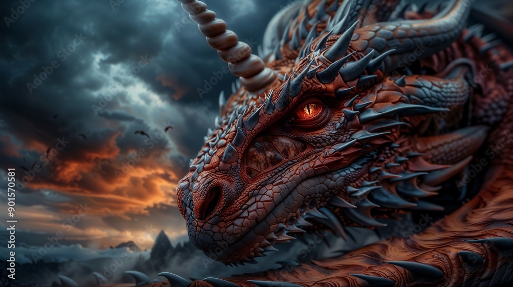 Majestic Red Dragon With Sharp Horns and Glowing Eyes in a Dramatic Sky Majestic Red Dragon With Sharp Horns and Glowing Eyes in a Dramatic Sky