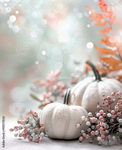White Pumpkins and Berries on a Fall Table