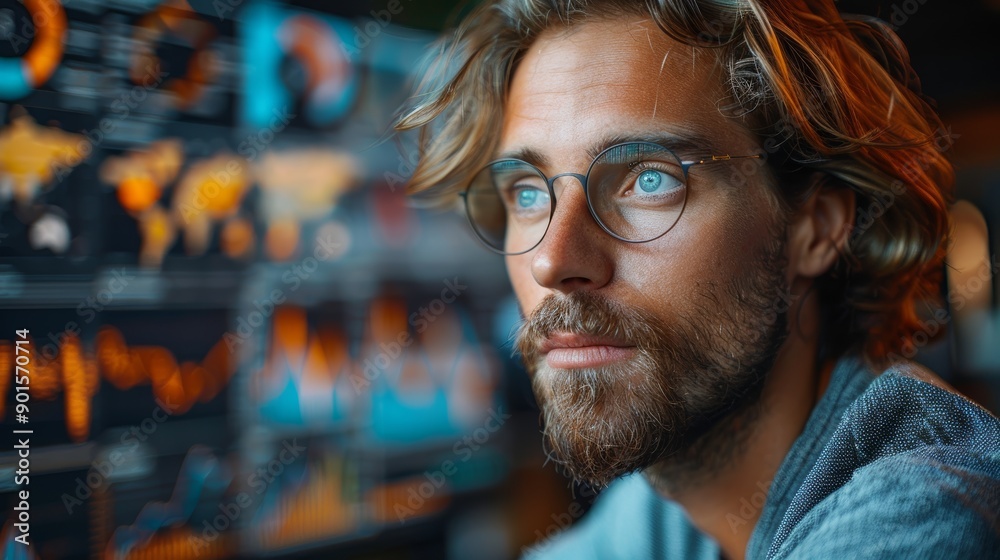 Focused Young Man Analyzing Data Trends on Multiple Screens in Modern Office Environment During Evening. Generative AI Focused Young Man Analyzing Data Trends on Multiple Screens in Modern Office Environment During Evening. Generative AI