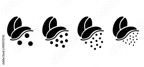 Cartoon roasted coffee beans pictogram. Coffee bean grind, size chart grains. For mug or cup. For coffee percolator. Coarse, medium or fine progress bar, loading. Manual coffee grinder.