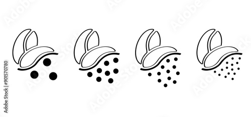 Cartoon roasted coffee beans pictogram. Coffee bean grind, size chart grains. For mug or cup. For coffee percolator. Coarse, medium or fine progress bar, loading. Manual coffee grinder.