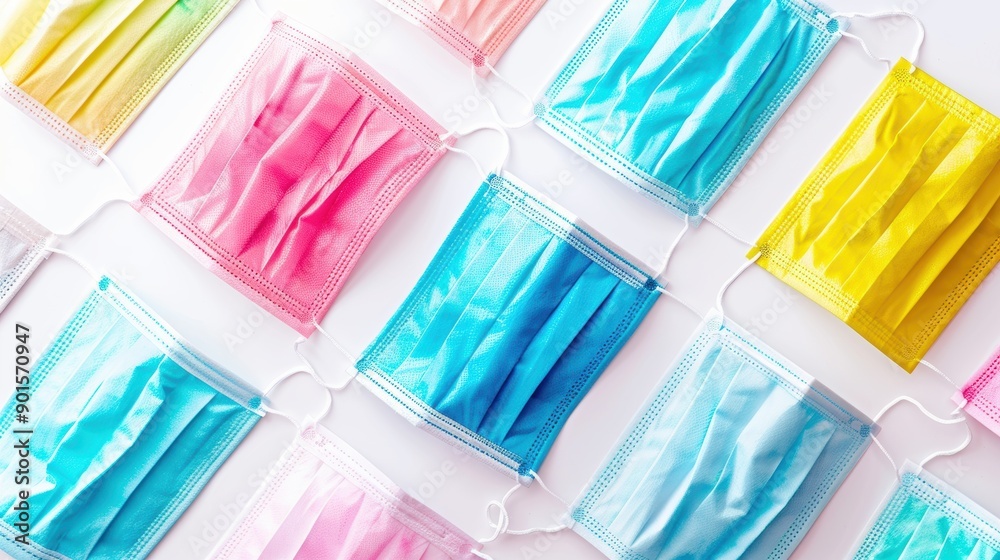 Vibrant surgical masks in blue, pink, and yellow create a striking pattern on a white surface, conveying protection and safety in healthcare Vibrant surgical masks in blue, pink, and yellow create a striking pattern on a white surface, conveying protection and safety in healthcare