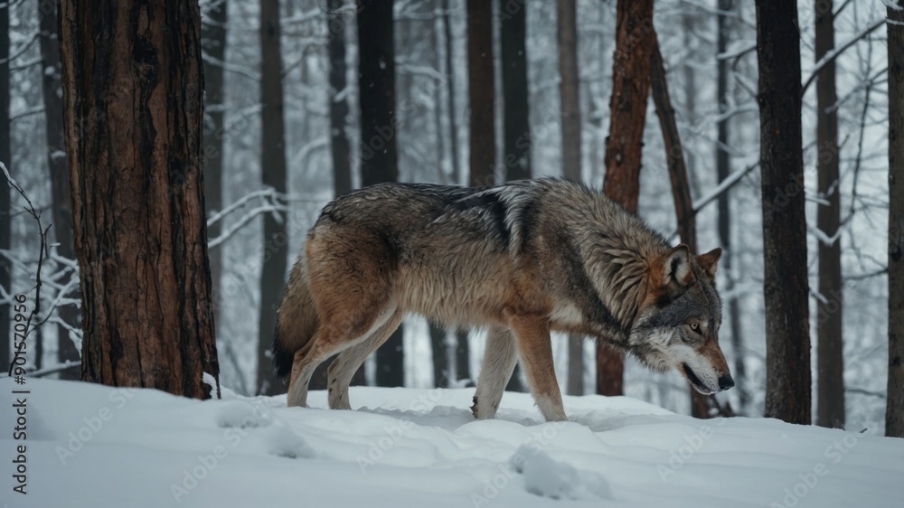 Gray wolf in the winter forest Wolf in the nature habitat. Gray wolf in the winter forest Wolf in the nature habitat.