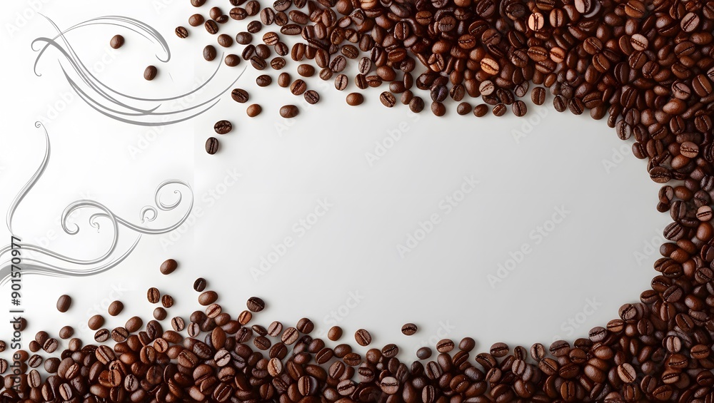 Roasted coffee beans blanket white backdrop, capturing rich brown texture and aroma Roasted coffee beans blanket white backdrop, capturing rich brown texture and aroma