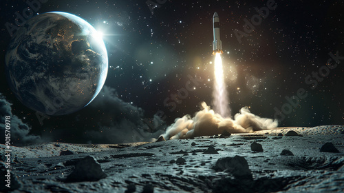 Rocket launches from the Moon launch base with Earth planet on the background photo