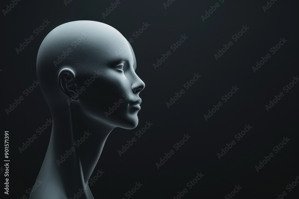 mannequin heads isolated on dark black background, Blank White Head plastic human faceless dummy figure fade mannequin heads isolated on dark black background, Blank White Head plastic human faceless dummy figure fade