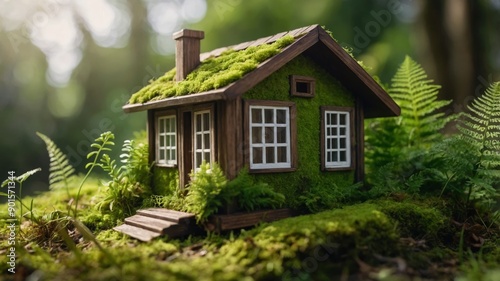 Green and environmentally friendly housing concept Miniature wooden house in spring grass, moss and ferns on a sunny day Eco house, Eco friendly home design template with copy space. photo