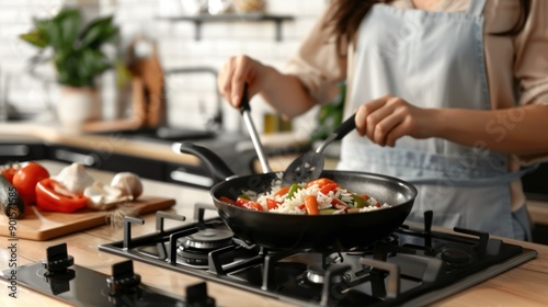 Woman Cooking Rice and Vegetables in a Kitchen