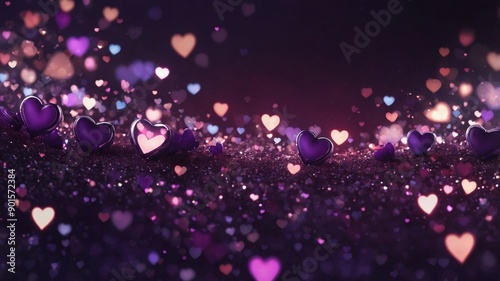 Beautiful background banner with purple hearts, lights, sparkles and bokeh Valentine's Day Panoramic web header with copy space Wide screen wallpaper. photo