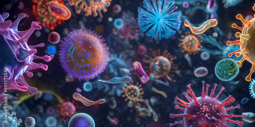 An illustration of various viruses and bacteria floating in a dark background, showcasing their unique shapes and structures, with vibrant colors and intricate details. An illustration of various viruses and bacteria floating in a dark background, showcasing their unique shapes and structures, with vibrant colors and intricate details.