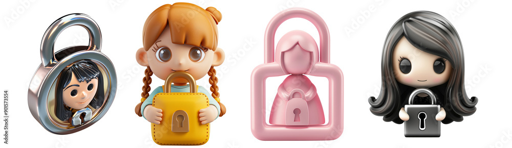 3D icon - girl with Lock icon, on isolated transparent background 3D icon - girl with Lock icon, on isolated transparent background
