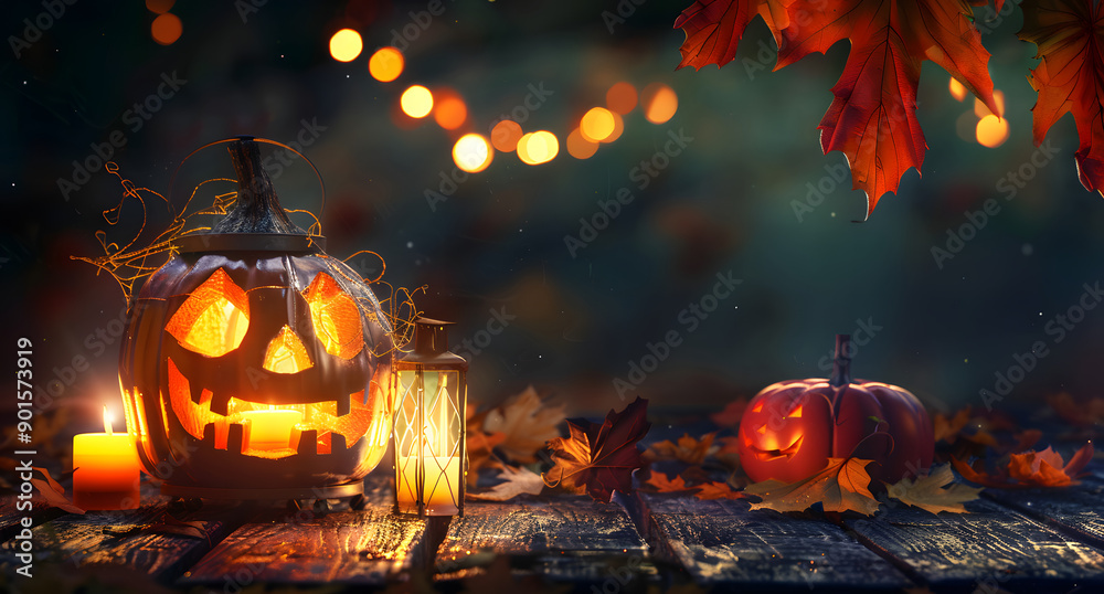 Fototapeta premium Halloween pumpkin with lantern on wooden