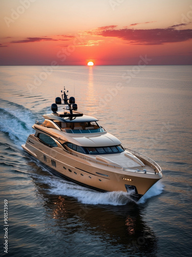 A gleaming luxury yacht gracefully navigating the tranquil waters as the sun sets on the horizon.