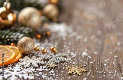 Oranges and Ornaments on Wooden Table