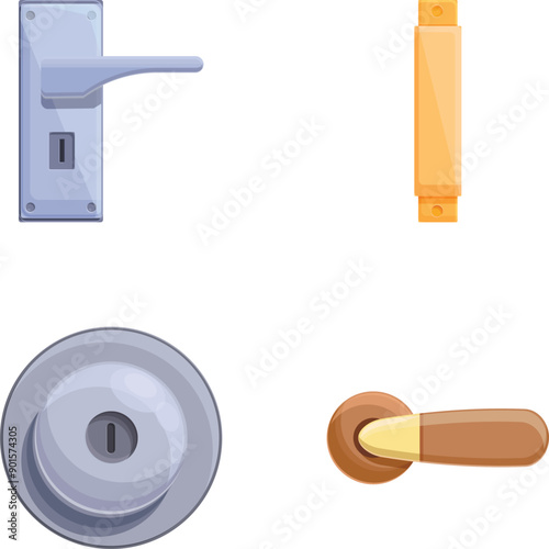 Furniture handle icons set cartoon vector. Handle for entrance and interior door. Interior element